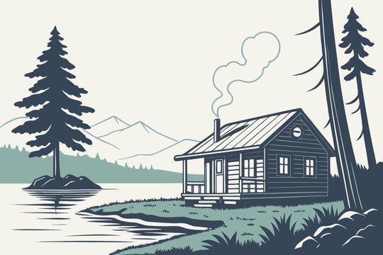 Minimalist Adirondack mountain cabin and lake reflection
