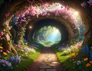 Pathway through flowered tree tunnel, bathed in radiant, heavenly sunlight