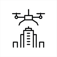 Drone Inspecting Tall Building Outline Vector Icon for Construction Monitoring, UAV Surveying, and Aerial Inspection