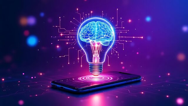 Brain power ai concept lightbulb on phone futuristic technology innovation idea generation network data on transparent background
