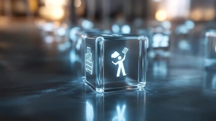 Transparent cubes displaying icons, blurred background with light reflections. Digital concept - Powered by Adobe