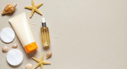 Summer essentials and beach vibes: Skincare and seashells arrangement on sand