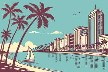 Obraz premium Flat design of Honolulu skyline and palm coastline view