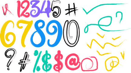 Colorful Hand Drawn Numbers and Symbols in Brush Style Isolated