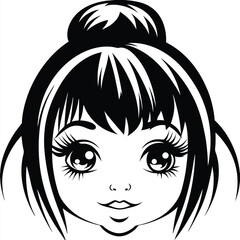 Monochrome anime girl features prominent eyelashes and a high bun hairstyle in this vector