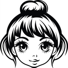 Young girl with big eyes and a hair bun looks forward in black