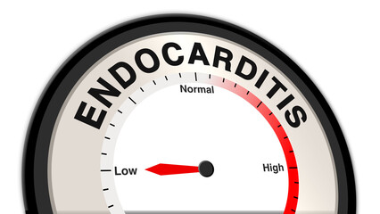 Endocarditis at low severity shown on a barometer or tachometer, reflecting early signs of heart valve infection with mild fever and fatigue, focusing on early treatment and monitoring