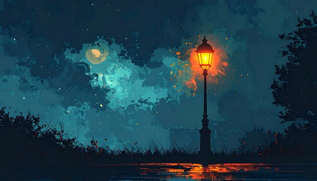 Nighttime landscape with a lamppost illuminating a serene environment