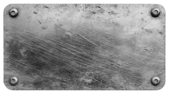 Scratched Metal Plate with Four Screws grunge texture isolated on a transparent background