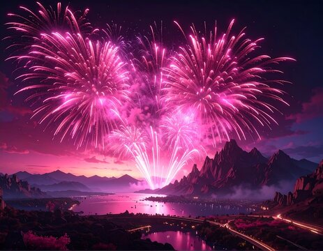 Pink fireworks explode over mountains and a river at dusk