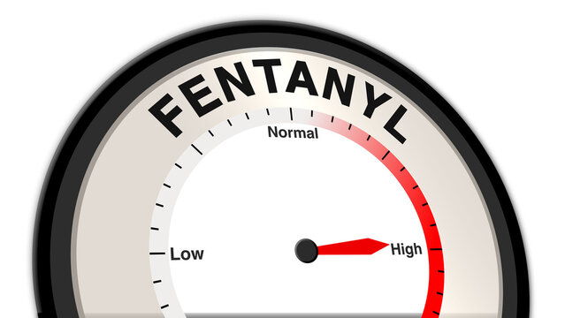 Fentanyl at high severity displayed on a barometer or tachometer, reflecting critical overdose risk, respiratory depression, and urgent need for medical intervention and monitoring