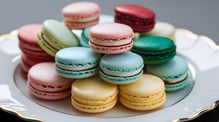 Obraz premium This image displays an alluring stack of macarons in a rich variety of colors, featuring shades of deep red, light pink, mint green, and pale yellow. The arrangement highlights the perfectly formed 