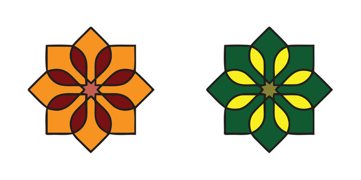 Two contrasting six-petal floral vector icons with a sophisticated, earthy color scheme (orange, brown) and a fresh, bright palette (green, yellow), ideal for branding, nature concepts, or seasonal de