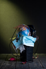 Ecological Crisis. Waste Bin with Mixed Pollution Symbols.