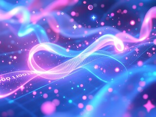 Abstract neon background with glowing light trails data flow and binary code for technology theme on transparent background