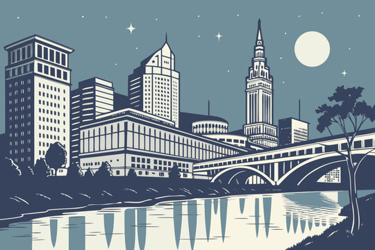 Flat vector of Cleveland skyline at night with lake reflection
