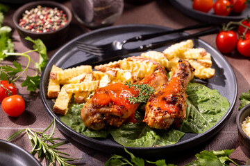 Cooked chicken drumsticks with french fries on plate