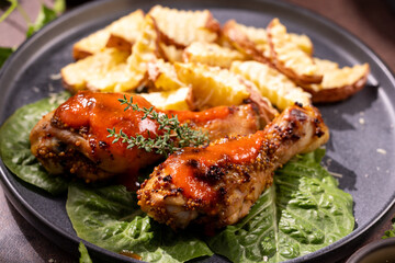 Glazed chicken drumsticks with potato wedges and herbs