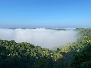 hills with beautiful clouds in the morning. Summer Mountain with green plants and clouds in the sky. wooden hut on Mountain. Texture of green tree forest view from above, Beautiful sunrise.