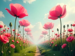 A breathtaking vista of a vibrant poppy field, where an endless path stretches towards a hopeful horizon, symbolizing growth, tranquility, and nature's boundless embrace