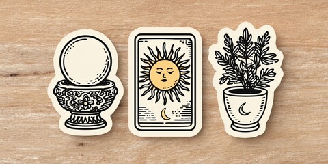 Mystical tarot elements: crystal ball, sun card, and potted plant on wood background