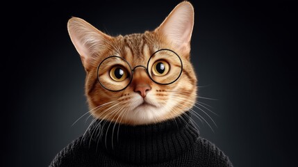 Stylish orange cat wearing glasses and turtleneck on dark background
