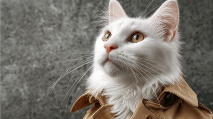 Chic white cat in stylish brown coat against gray background
