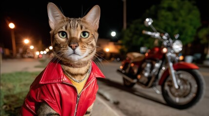 Biker cat in red leather jacket by motorcycle at night