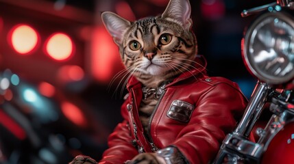 Bengal cat dressed in red leather jacket sitting on motorcycle with vibrant neon lights