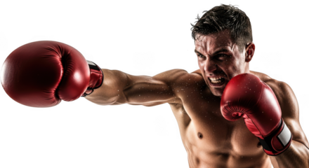 Boxer Punching with Red Gloves – Strong Boxing Fighter Action Pose Isolated on Transparent Background