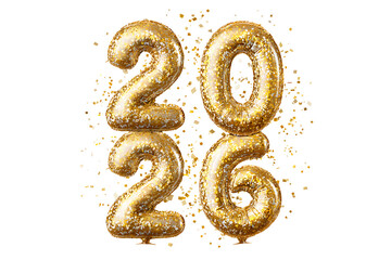 Golden Glitter Balloon 2026 New Year Date with Confetti, isolated on a transparent background.