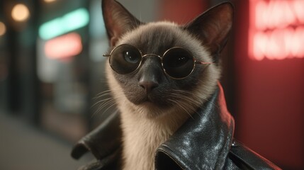 Stylish cat in leather jacket with sunglasses at night urban scene