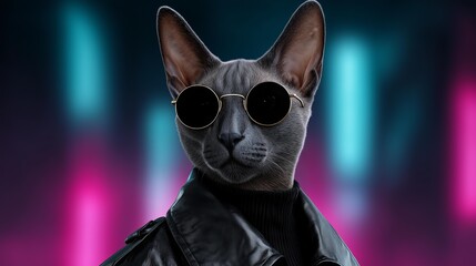 Stylish sphynx cat in leather jacket and sunglasses against neon lights