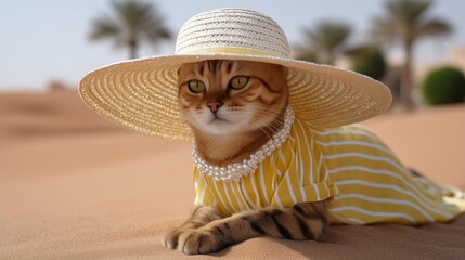Fashionable cat relaxing in a straw hat and dress in desert setting