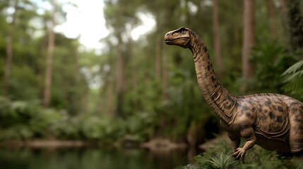 Fototapeta premium Ancient world traveler! See a herbivorous dinosaur, roaming through a lush prehistoric landscape. Its long neck stretched high, it searches the Jurassic jungle for sustenance.