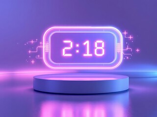 Neon digital clock time display technology futuristic glowing purple stage product showcase two eighteen on transparent background