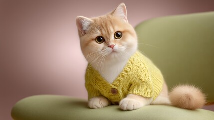Adorable cat in cozy yellow sweater relaxing on green chair