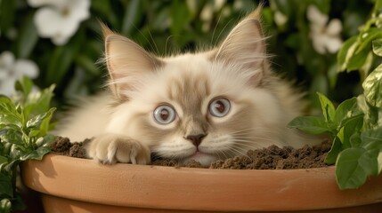Fluffy kitten peeking from flower pot amidst greenery and blossoms