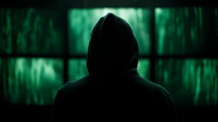 A hooded figure in a dark room facing multiple screens displaying cascading green digital code