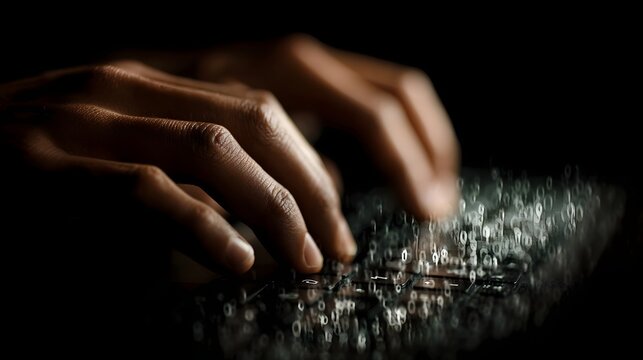 Close up of hands actively typing on a computer keyboard with digital binary code elements emanating - Powered by Adobe
