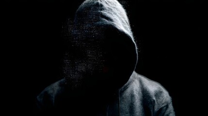 An anonymous hooded figure dissolving into digital data and static creating a mysterious and futuristic mood