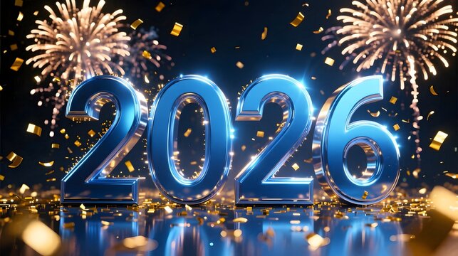 Blue metallic 2026 typography illuminated by fireworks golden confetti floating cinematic vivid lighting