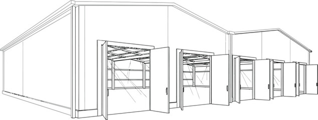 Warehouse with Open Doors on White Background, Line Art Style