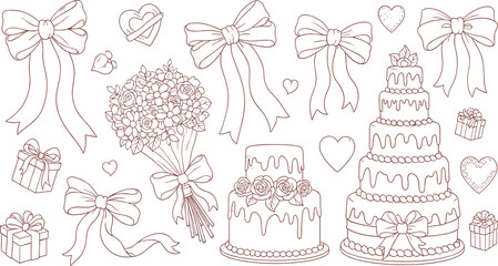 Elegant Wedding Celebration Line Art Design with Cakes and Bouquets