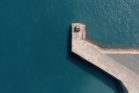 Aerial view of a concrete pier extending into calm blue waters, with minimal structures and serene surroundings