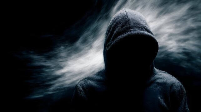Mysterious hooded figure in a dramatic smoky dark atmosphere