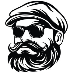 Monochrome bearded man with cap and sunglasses features a bold mustache in sharp detail