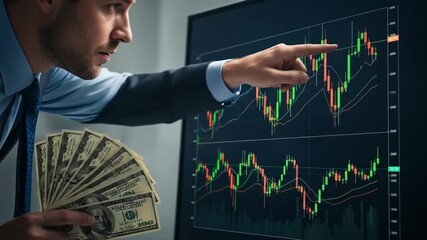 A man in a suit looks at financial charts on a screen, holding a wad of cash - Powered by Adobe
