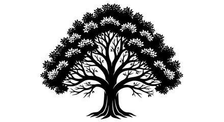 Monochromatic Detailed Tree of Life Silhouette with Roots © Tanvir