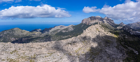 View of the Tramontana mountain range with Puig Mayor, 1445 meters, and the Son Torrella mountain range, municipality of Escorca,Mallorca, Balearic Islands, Spain